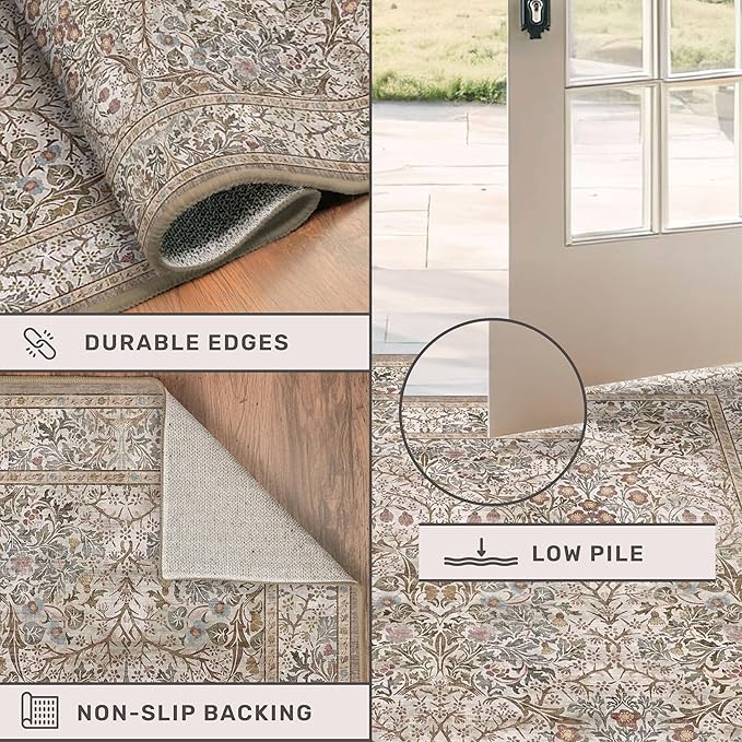 Vintage Moss Green 3x6 Area Rugs for Large Entryway, Bedroom Beside Rug, Kitchen, Non-Slip Low Pile Ultra Soft Stain Resistant Small Floral Neutral Carpet