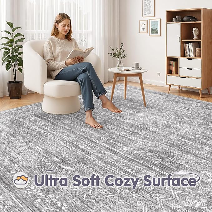 Washable Rug 8x10 Area Rugs: Modern Geometric Rugs for Living Room Non Slip Soft Low Pile Moroccan Indoor Carpet for Bedroom Nursery Dining Room Home Office (Grey, 8'x10')