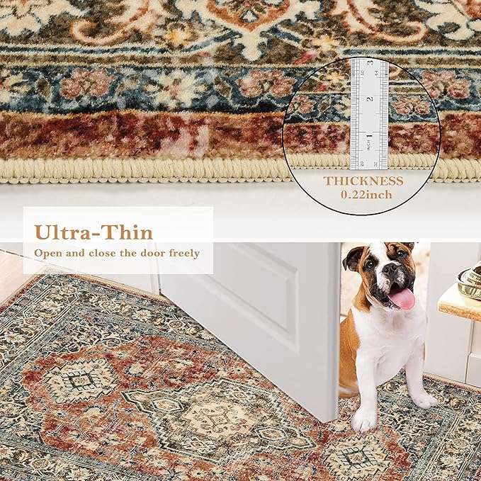 Lahome Oriental Hallway Runner Rug Non Slip, 2.5x8 Kitchen Washable Runner Soft Hallway Rug, Traditional Ultra-Thin Carpet for Bathroom Entryway ?랰aundry Room, Brick Red