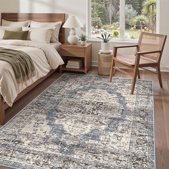 6x9 Area Rugs for Living Room,Super Soft Ultra-Thin Stain Resistant Machine Washable Rugs for Bedroom,Non-Slip Backing Large Area Rug(Blue/Black,6'x9')