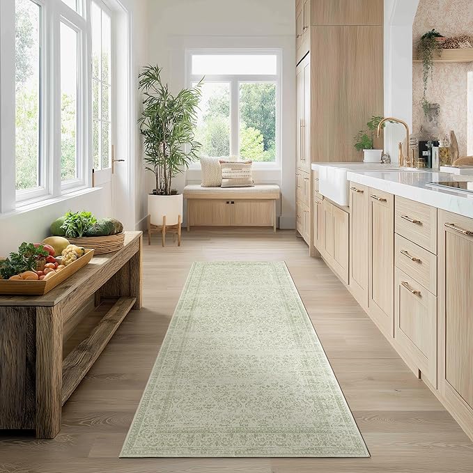 Sage Green 2x6 Runner Rug for Hallway Bathroom Washable Non Slip Vintage Boho Floral Long Runners Rugs for Entryway Indoor Bath Floor Kitchen Light Green Low Pile 2x6 Laundry Room Rug Runner
