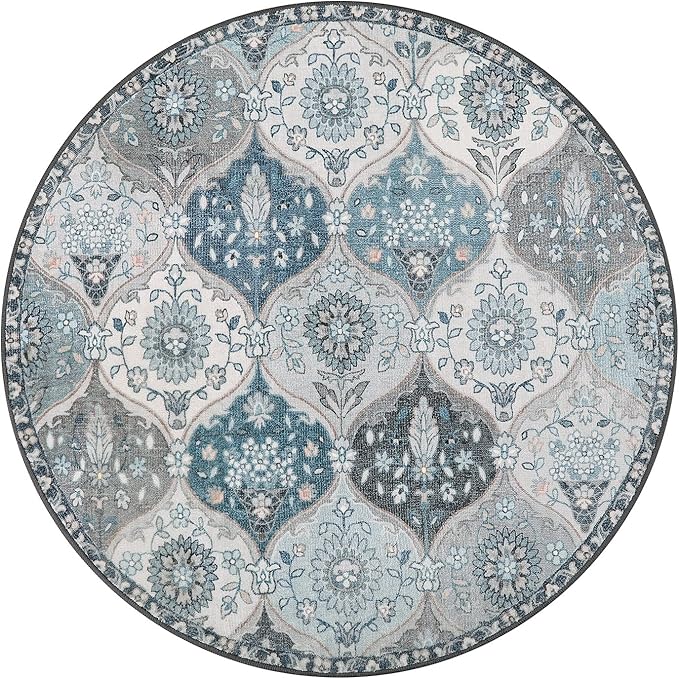 Lahome Moroccan Trellis Round Area Rugs, Washable Small Round Rug 3ft Non-Slip, Soft Vintage Ultra-Thin Circle Carpet for Bedroom Entryway Kitchen Laundry Bathroom, Blue