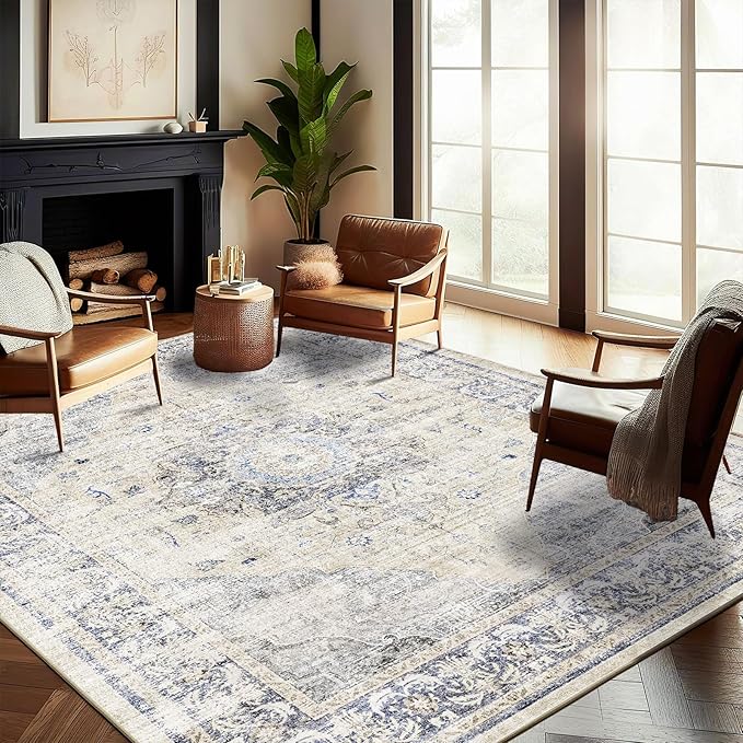 Washable Area Rug 10'x14' Floral Blue Boho Design Non-Shedding Easy Care Ideal for High Traffic Areas in Living Room Bedroom Office Coffee Table Kitchen Large Carpet