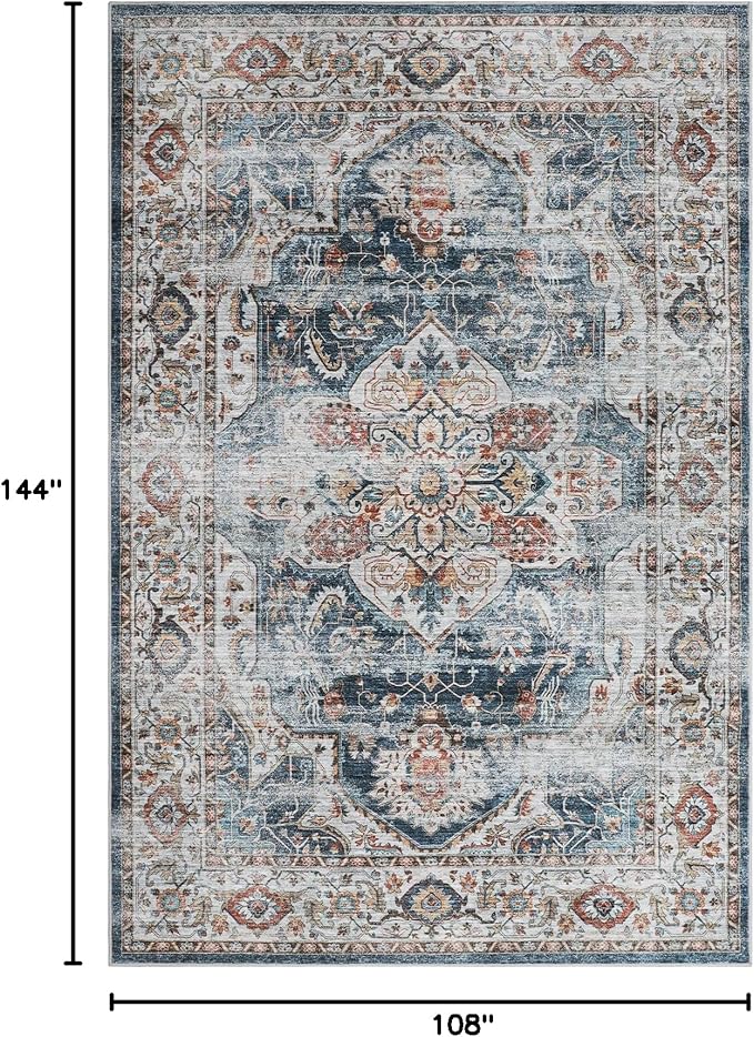 9x12 Area Rug,Ultra-Thin Washable Rugs for Living Room,Non-Slip Lightweight Foldable Area Rug,Stain Resistant Vintage Large Rugs (Navy,9'x12')