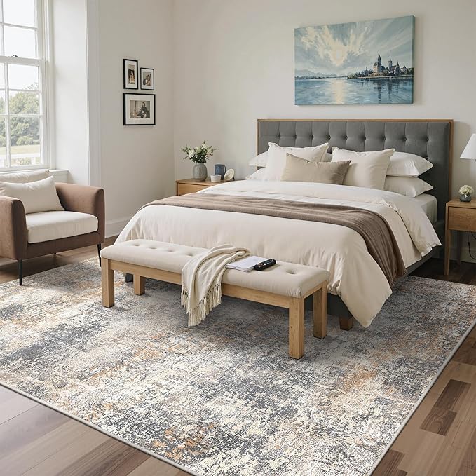 Area Rugs 8x10 for Living Room Bedroom, Modern Abstract Machine Washable Rug, Large Soft Low Pile Floor Carpet with Non Slip Backing for Dining Room, Warm Beige/Brown