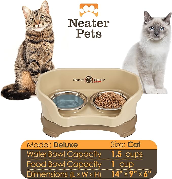 Neater Feeder Deluxe Mess Proof Cat Bowls Elevated for All Breeds – Made in USA – No Spill Raised Bowls for Indoor Cats – Stainless Steel Food and Water Bowl Set, Pet Dish Feeding Station, Cappuccino