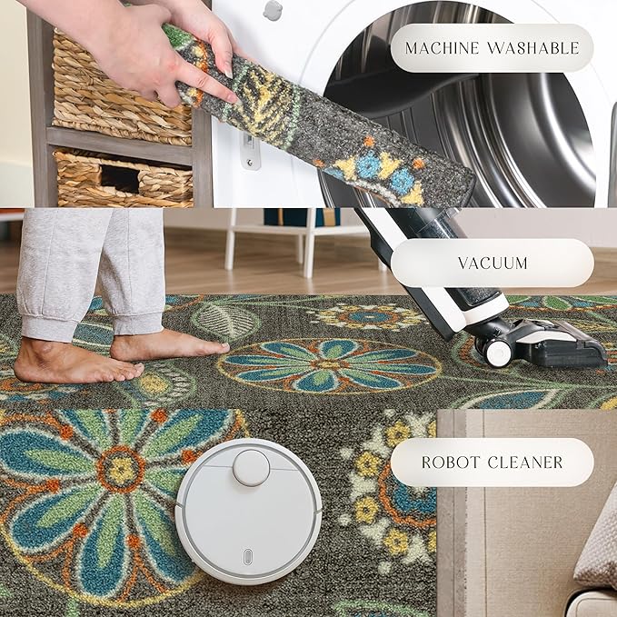 Maples Rugs Reggie Floral Kitchen Rug - Made in USA - Washable, Non Slip Indoor Carpet for Entryway, Foyer, Kitchen, and Bathroom, 2'6 x 3'10, Dark Grey