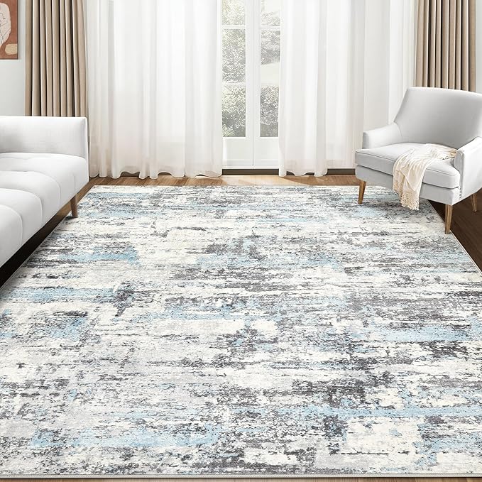 Area Rugs for Living Room: Abstract Washable Rug Large Soft Stain Resistant Non-Slip Backing for Bedroom Dining Room Indoor Home Office Carpet for Kids Pet Friendly Families - 7x9 Blue Grey
