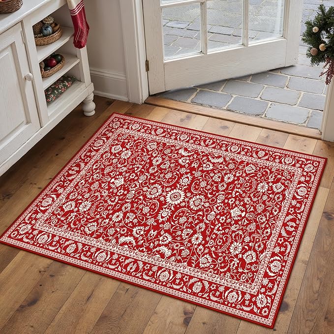 HUGEAR Christmas 2x3 Small Rug Machine Washable Area Rug Red Entryway Rugs Entrance Door Mat Indoor Accent Rugs Floral Low Pile Carpet Distressed Throw Rug Kitchen Bedroom Office Non Slip