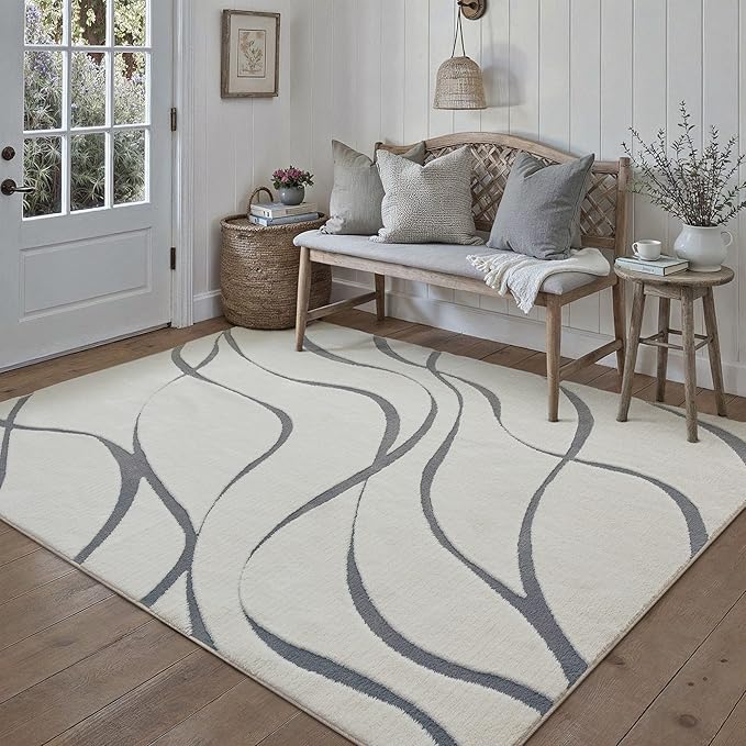 HUGEAR Shag Area Rug 5x7 Grey & Ivory Washable Living Room Bedroom Rug Non Slip Non-Shedding Soft Plush Medium Pile Large Throw Carpet for Home Office Aesthetic Modern Decor