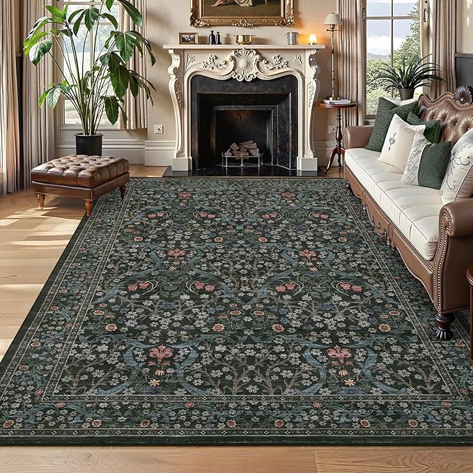 GarveeHome Washable Rug for Living Room, 8x10 Large Area Rug for Dining Room Under Table, Bedroom, Floral Soft Low Pile Non Slip Stain Resistant Carpet for Nursery, Playroom, Office, Dark Black