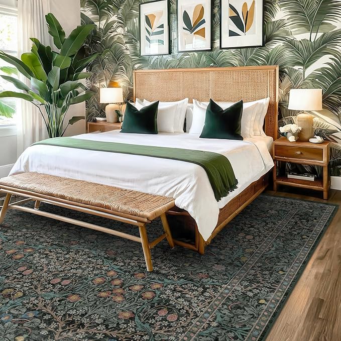 Dark Green Floral Living Room Rug 5x7 Area Rug - Vintage Forest Washable Mat for Dining Room, Bedroom, Low Pile Non Slip Stain Resistance Distressed Retro Indoor Boho Carpet (5x7 Dark Green)