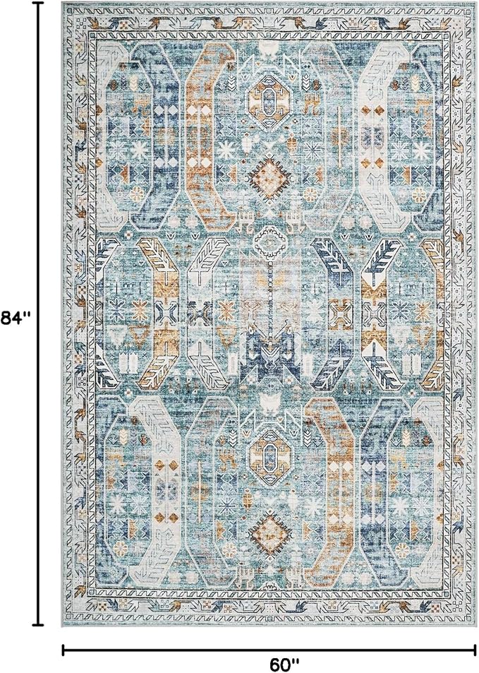5x7 Area Rugs for Living Room,Stain Resistant Washable Rug,Non-Slip Backing Carpets for Bedroom,Kitchen,Printed Vintage Home Decor Rug (Blue/Gold, 5'x7')