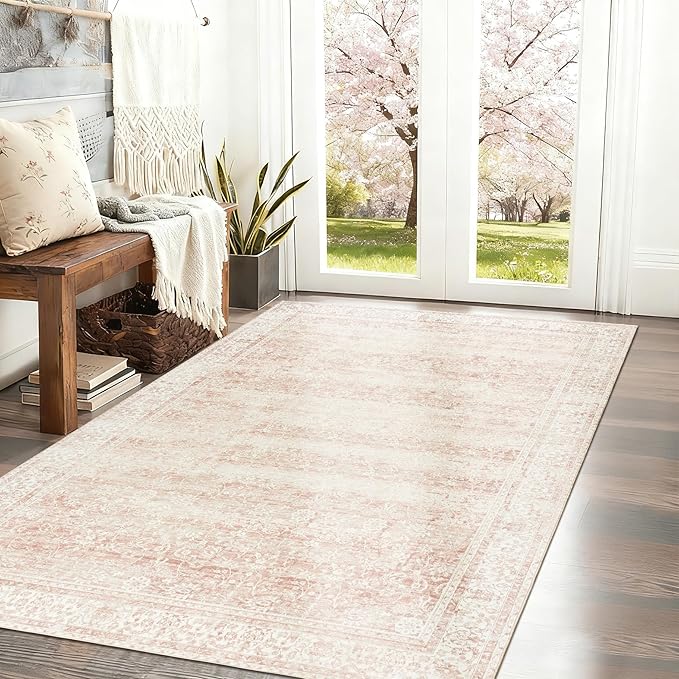 Vintage Pink Rug 4x6 Washable Non Slip Floral Aesthetic Indoor Rugs for Entryway Kitchen Low Pile Carpet for Laundry Room Bathroom Front Door Mat for Entrance 4 x 6