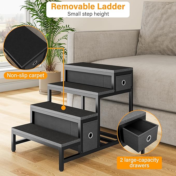 Pet Bunk Bed with Stairs and Storage, Dog Beds Attachment to Human Bed, Bedside Dogs Cot for Small, Medium Cats & Dogs, Pet Window Perch (Black)
