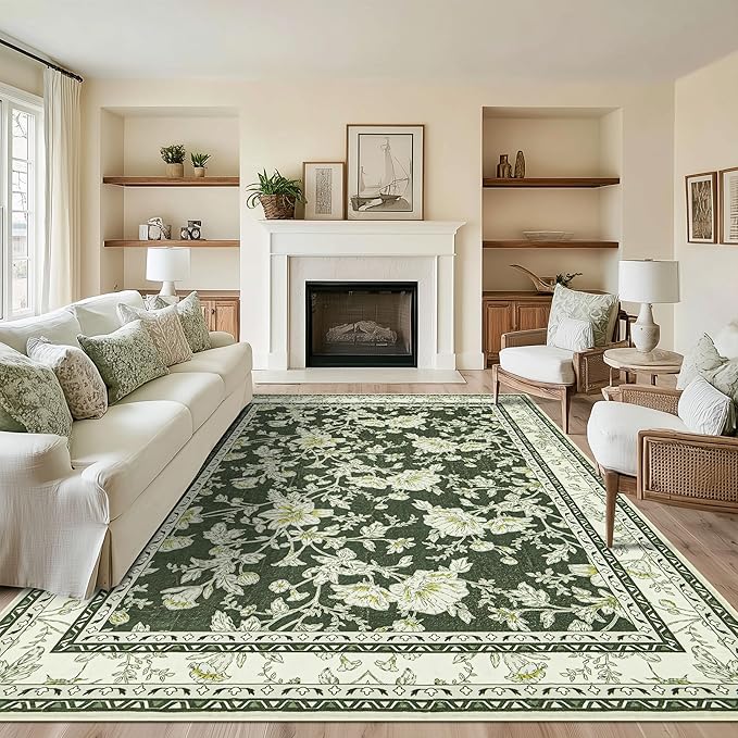 Olive Green Floral Print Area Rugs for Bedroom Living Room Boho Farmhouse Country Rustic Dining Room Carpet Soft Washable Rugs Non Slip Floor Covering for Nursery Playroom 10x12