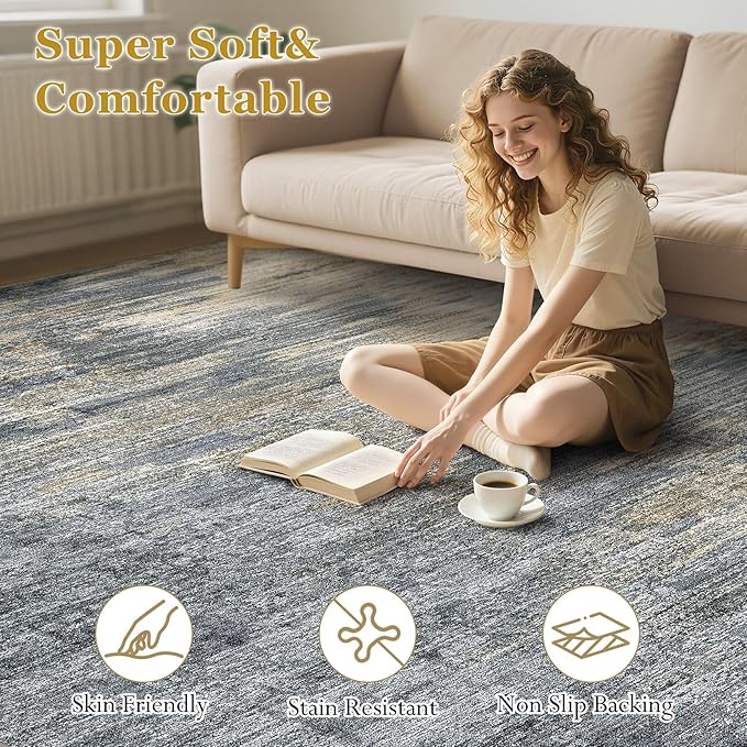 Area Rugs for Living Room: 5x7 Abstract Washable Rug Modern Neutral Large Soft Stain Resistant Non-Slip Backing Machine Table for Bedroom Dining Room Indoor Home Office Carpet - Blue Gold