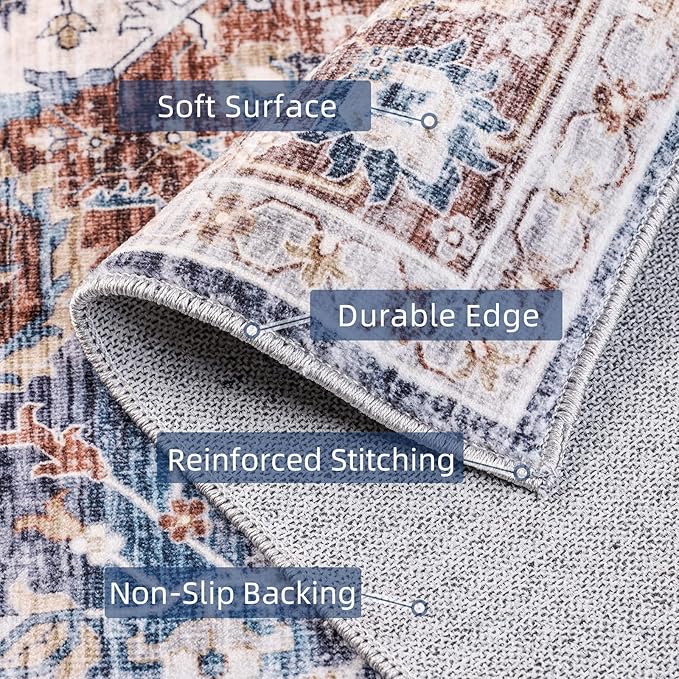 Deerly Rug 8x10 Area Rug Boho Washable Rug Large Rugs for Bedroom Living Room Vintage Non-Slip Oriental Distressed Carpet Indoor Stain Resistant(Border Brown/Navy Blue)