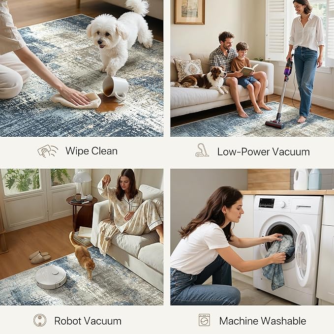 Area Rugs 8x10 for Living Room Bedroom, Modern Abstract Machine Washable Rug, Large Soft Low Pile Floor Carpet with Non Slip Backing for Dining Room, Slate Blue