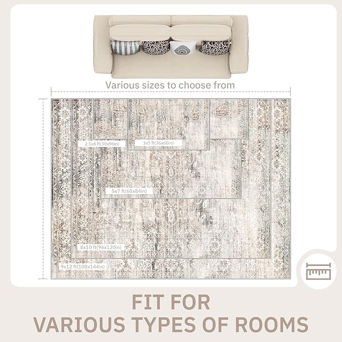 Area Rugs 5x7 for Living Room, Floral Washable Rugs for Dining Room, Bedroom, Kitchen, Vintage Non-Slip Thin Area Rug Taupe
