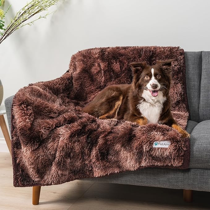 PetAmi Waterproof Dog Blanket for Large Dog, Queen Size Calming Pet Blanket Couch Cover Protector, Sherpa Faux Fur Cat Throw for Sofa Furniture Bed, Soft Fluffy XL, 90x90 Tie-Dye Brown