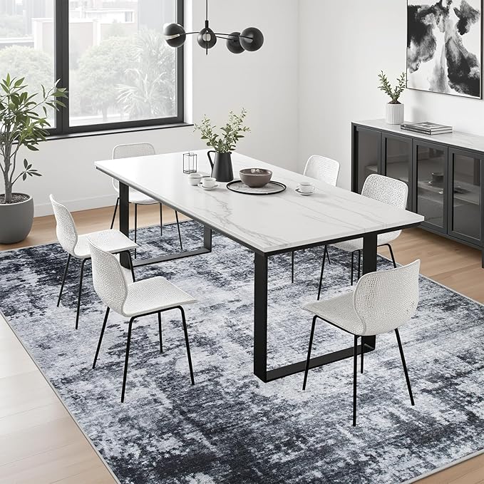 5x7 Area Rug Living Room Rug: Washable Modern Abstract Soft Thin Rug Indoor Floor No Slip Stain Resistant Carpet for Bedroom Dining Room Farmhouse Nursery Home Office - Dark Black
