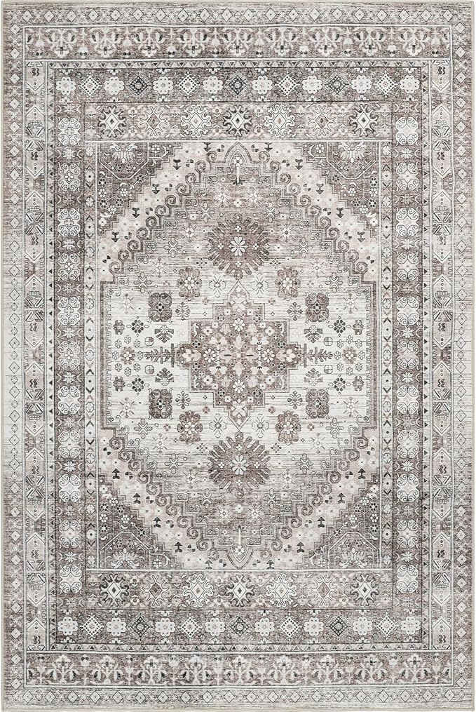 Washable Rug 8x10 Area Rugs for Living Room - Stain Resistant Non-Slip Backing Rugs for Bedroom - Vintage Large Area Rug (Brown/Beige, 8'x10')