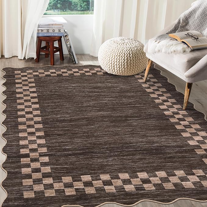 GarveeHome Area Rug 6x9 Large Living Room Modern Border Throw Rug with Rubber Backing Stain Resistant Dining Room Throw Carpet Washable Scalloped Rug for Bedroom Home Decor Office, Brown