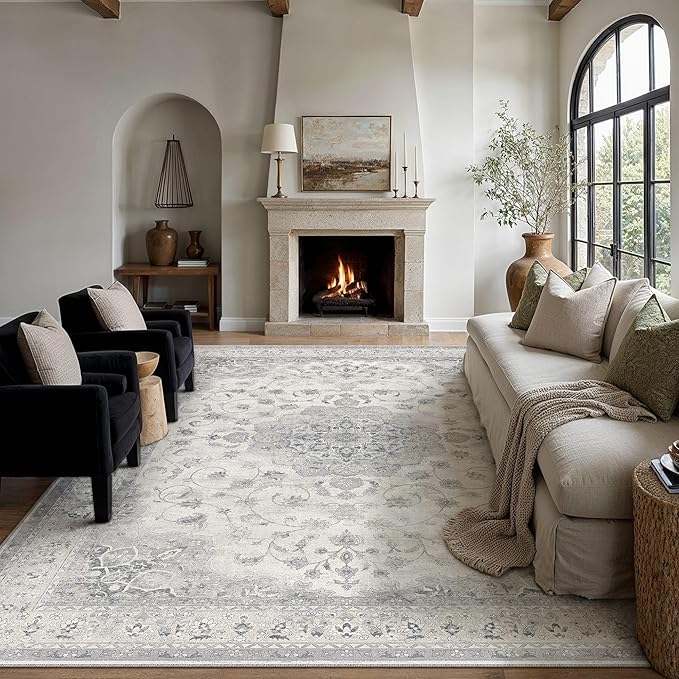 HUGEAR Machine Washable Area Rugs 9x12 Vintage Grey Large Living Room Bedroom Rug Neutral Style Non Slip Stain Resistant Low Pile Throw Carpet for Home Retro Aesthetic Modern Decor