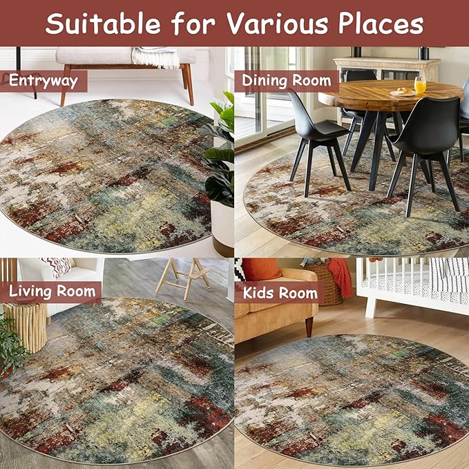 Lahome Modern Abstract Round Rug 6ft - Large Red 6x6 Circle Rugs for Living Room Bedroom Dining Room,Soft Non Slip Mat Indoor Floor Carpet for Coffee Table Hardwood Playroom