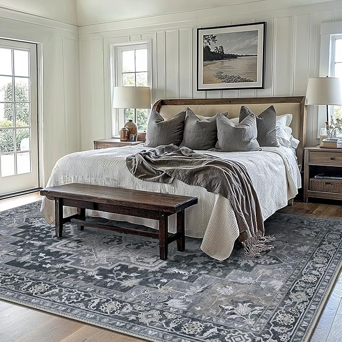 GENIMO 7'6''x9'6'' Area Rugs for Living Room, Machine Washable Non Slip Vintage Rugs, Low Pile Lightweight Chenille Print Rug for Bedroom, Dining Room, Home Office,Dark Gray