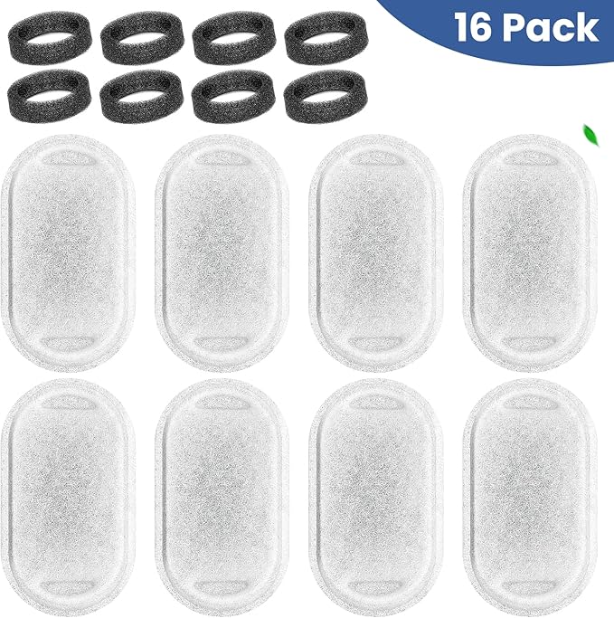Cat Water Fountain Filter Replacement, 8 Pcs Pet Water Fountain Filters with 8 Pcs Sponges Foam for 67oz/2L & 108oz/3.2L Stainless Steel Automatic Cat Water Fountain Dispenser Filters