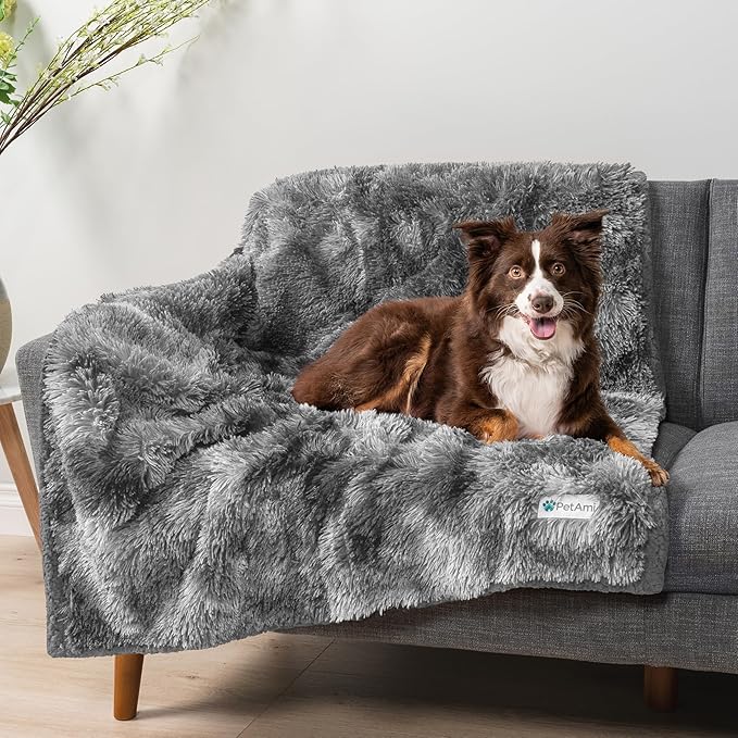 PetAmi Waterproof Dog Blanket for Large Dog, Queen Size Calming Pet Blanket Couch Cover Protector, Sherpa Faux Fur Cat Throw for Sofa Furniture Bed, Soft Fluffy XL, 90x90 Tie-Dye Gray