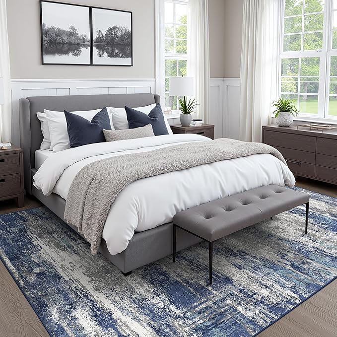 Area Rugs 8x10 for Living Room Bedroom, Modern Abstract Machine Washable Rug, Large Soft Low Pile Floor Cover with Non Slip Backing for Dining Room, Navy Blue Gray
