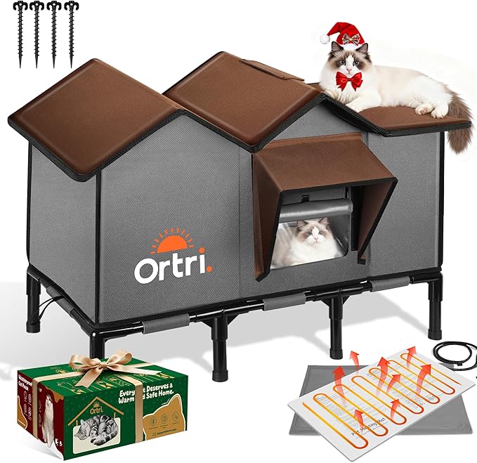 Outdoor Heated Cat House for Outside: Winter Insulated Weatherproof 30"×14"×20" Shelter with Extra Large Elevated Warm Heater and Waterproof Heating Bed for Multiple Feral Kitties Small Pets for Barn