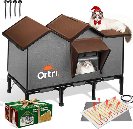 Outdoor Heated Cat House for Outside: Winter Insulated Weatherproof 30"×14"×20" Shelter with Extra Large Elevated Warm Heater and Waterproof Heating Bed for Multiple Feral Kitties Small Pets for Barn