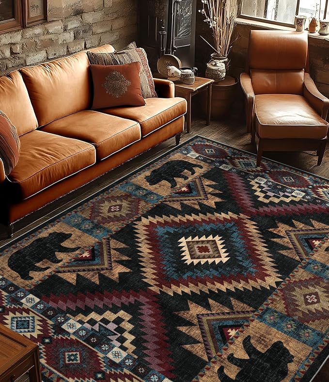 YIHOUSE Rustic Cabin Area Rug for Living Room 8x10,Machine Washable Lodge Bear Rug,Non-Slip Low Pile Print Pattern Western Rug for Bedroom