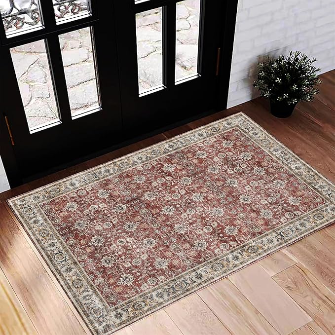 Washable Area Rug 2'x3' Door Mat Vintage Distressed Doormat Indoor Entrance Traditional Thin Rug Floral Print Non Slip Carpet for Kitchen Bathroom Bedroom Living Room