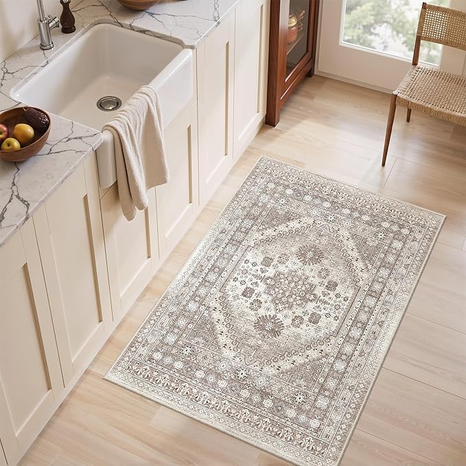 2x3 Entryway Rug Small Washable Kitchen Rugs Non Slip Front Door Rug Foldable Thin Carpet Low Pile Area Rug for Dining Room Entry Bedroom(Brown/Beige,2'x3')