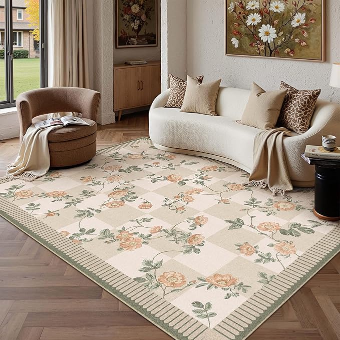 HUGEAR 6x9 Checkered Area Rugs Machine Washable Beige Living Room Rug Floral Print Non-Slip Stain Resistant Low Pile Indoor Throw Carpet for Bedroom Home Unique Aesthetic Modern Decor