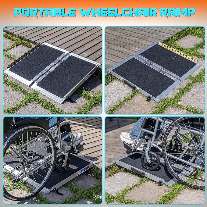 Portable Wheelchair Ramp 2FT, Anti-Slip Aluminum Folding Portable Ramp, Wheelchair Ramps for Home, Weight Capacity Up to 600 LBS, with Transition Plates Above and Below, Loading Dock Plates