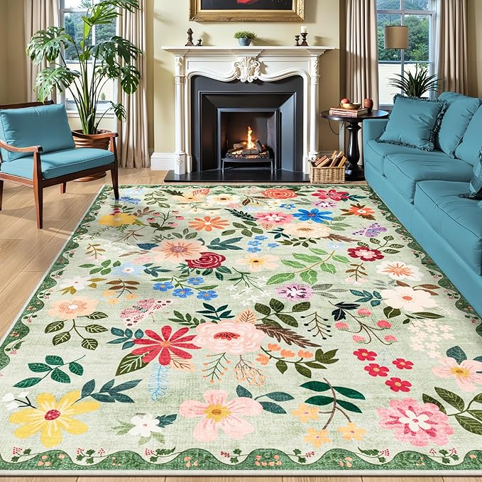 10x12 Area Rugs for Living Room: Floral Washable Rug Vintage Large Soft Boho Non-Slip Carpet Indoor Stain Resistant Low Pile Carpets for Bedroom Dining Room Farmhouse Nursery Hallway Home Office Green