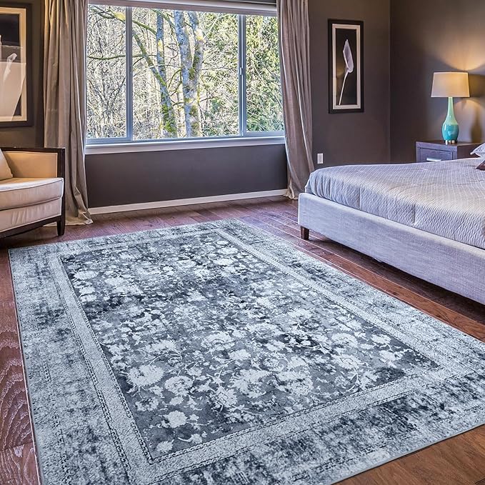 Area Rug 6횞9, Large Vintage Boho Rug,Ultra-Soft Low Pile, Washable, Non Slip,Stain Resistant, Printed Carpet for Living Room Bedrooms Playroom Office Kitchen, Solid/Blue