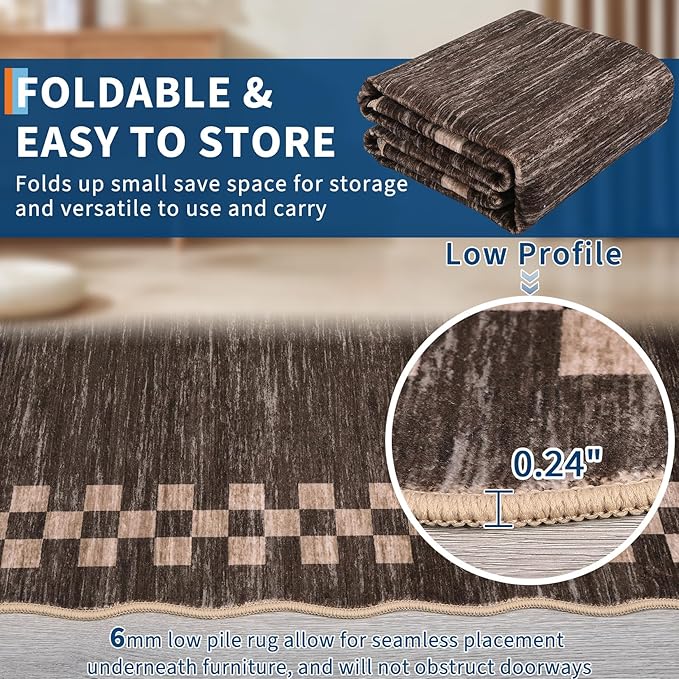 GarveeHome Washable Rug 5x7 for Living Room Large Bedroom Scalloped Rug Non Slip Stain Resistant Modern Border Throw Carpet Soft Boho Rug for Dining Room Nursery Home Office, Brown