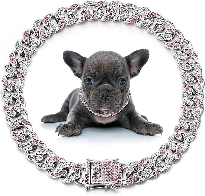 LEIFIDE Dog Chain Collar Diamond Link Puppy Collar 12 mm Wide Dog Necklace Metal Cat Chain Pet Crystal Necklace Jewelry Accessories for Small Medium Large Pet(10 Inch,Silver, Pink White)