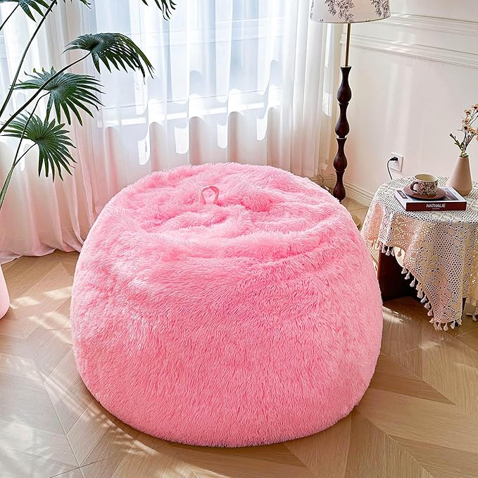 MEGO 5FT Fluffy Faux Fur Giant Bean Bag Chair Cover (No Filler), Soft Comfy Stuffed Animal Storage Cover for Adults Kids, Lazy Sofa Bed Beanbag Cover for Living Room Bedroom Decor, Anti-Slip, Pink