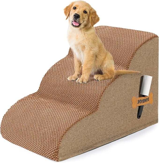 Romrol Dog Stairs Ramp for High Beds Couches, High Density Foam Pet Steps with Durable Non-Slip Waterproof Fabric Cover, Dog Stairs for Small Dogs or Cats or Pets, 3-Step,15 Inch,Light Brown