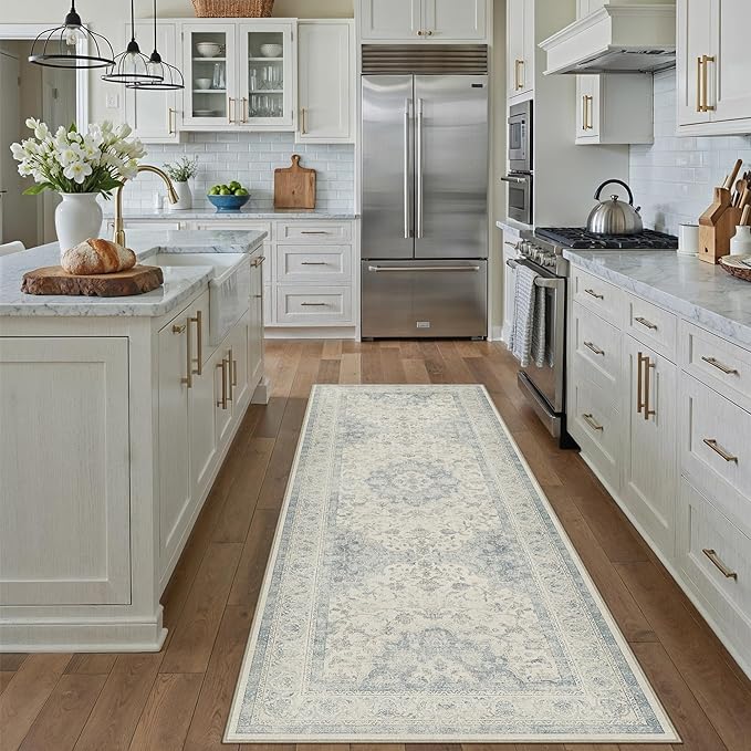 2x6 Blue Washable Vintage Runner Rug for Living Room Bedroom Soft Tranditional Non Slip Runner Area Rug Lightweight Floral Low Pile Distressed Runner Kitchen Hallway Bedroom Bathroom