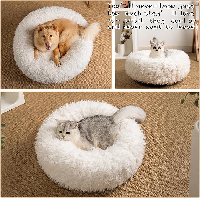 KHONSU PET Calming Donut Cat Bed for Cats & Kittens, Round Plush Cuddler with Chopped Memory Foam, Anti-Anxiety Bolster Support, Machine Washable & Non-Slip