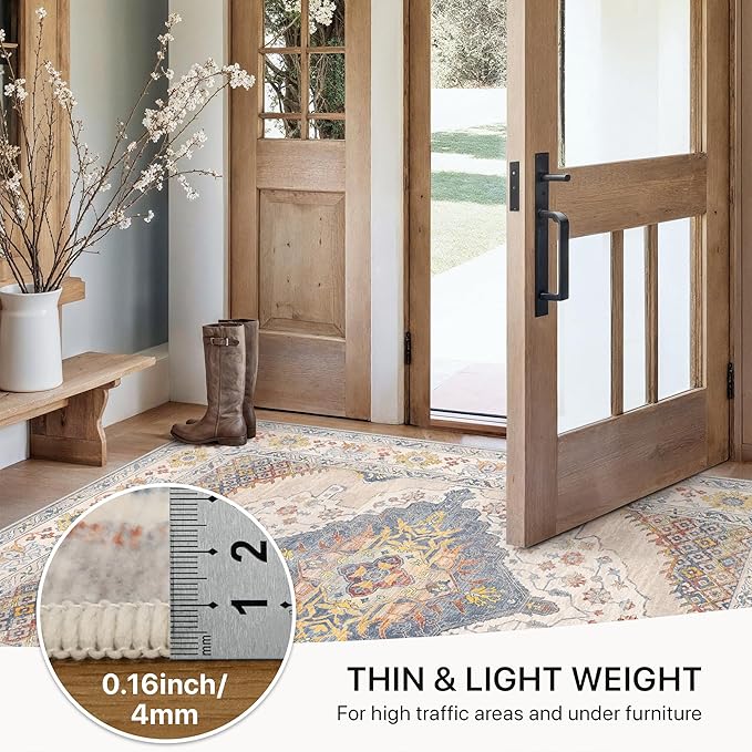 GENIMO Runner Rug 2x5 Non Slip Machine Washable Hallway Runner Rug, Low Pile Lightweight Rugs for Entryway, Hallway, Kitchen and Corridor, Vintage Cream/Blue